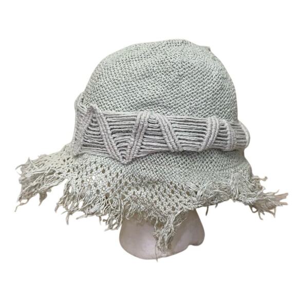Vintage Italian Straw Bucket Hat Fringe Trim Boho Festival Muted Blue & White